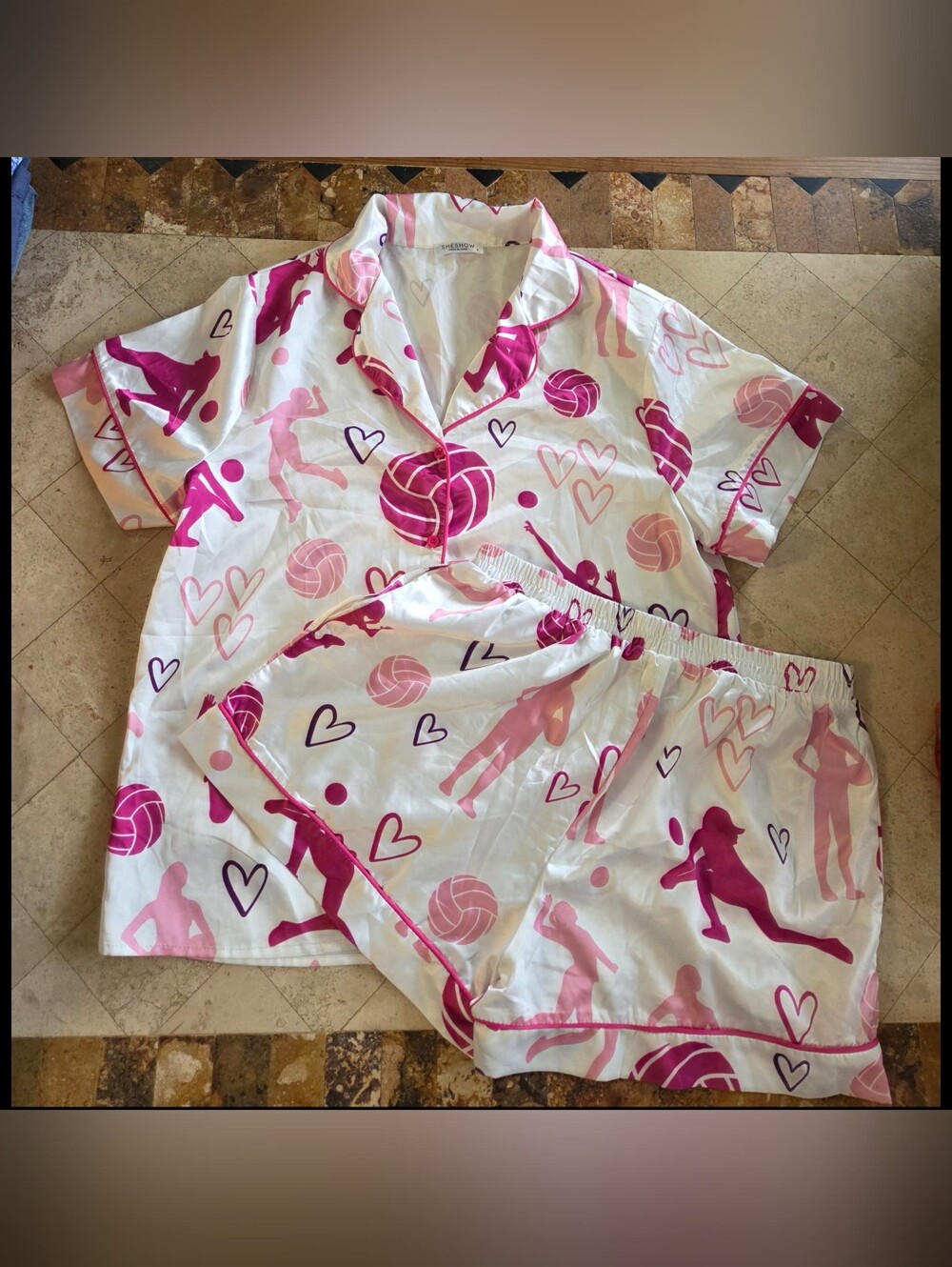 Women’s Pink Volleyball Print Short Pajama Set with Button-Front Top - Picture 1 of 5